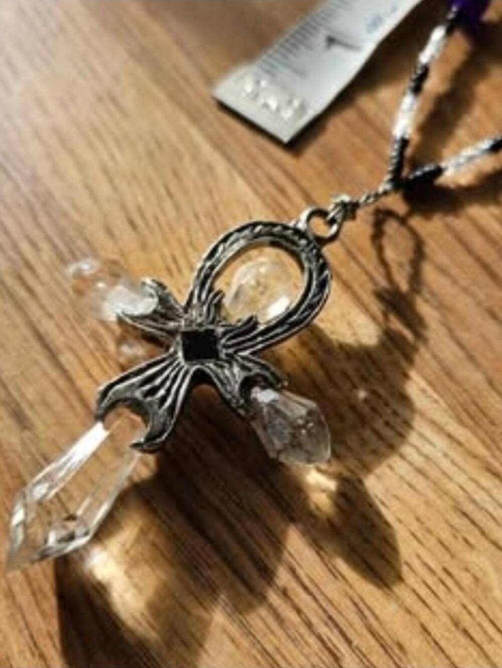 16" DIY Faux Crystal Ankh Black, White, and Purple Necklace